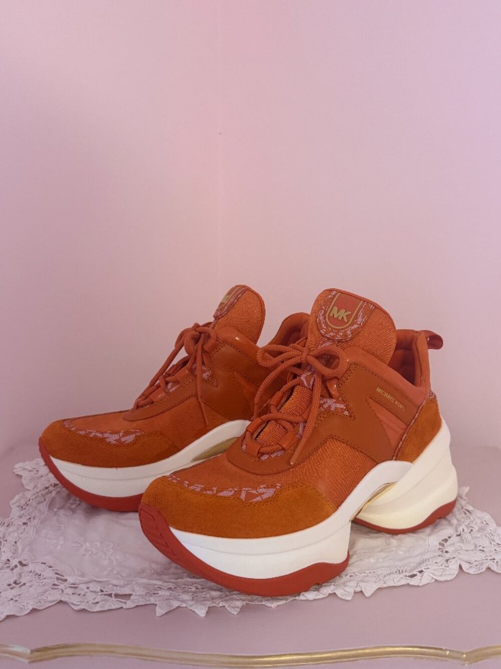 Michael Kors Olympia Logo Orange Jacquard Crocodile Embossed Leather Trainer - Picture 4 of 7